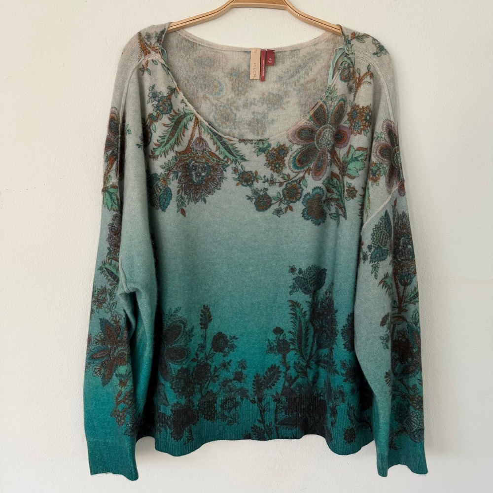 Pilcro Anthropologie Womens XL 100% Cashmere Floral Ombre Scoop Sweater Teal